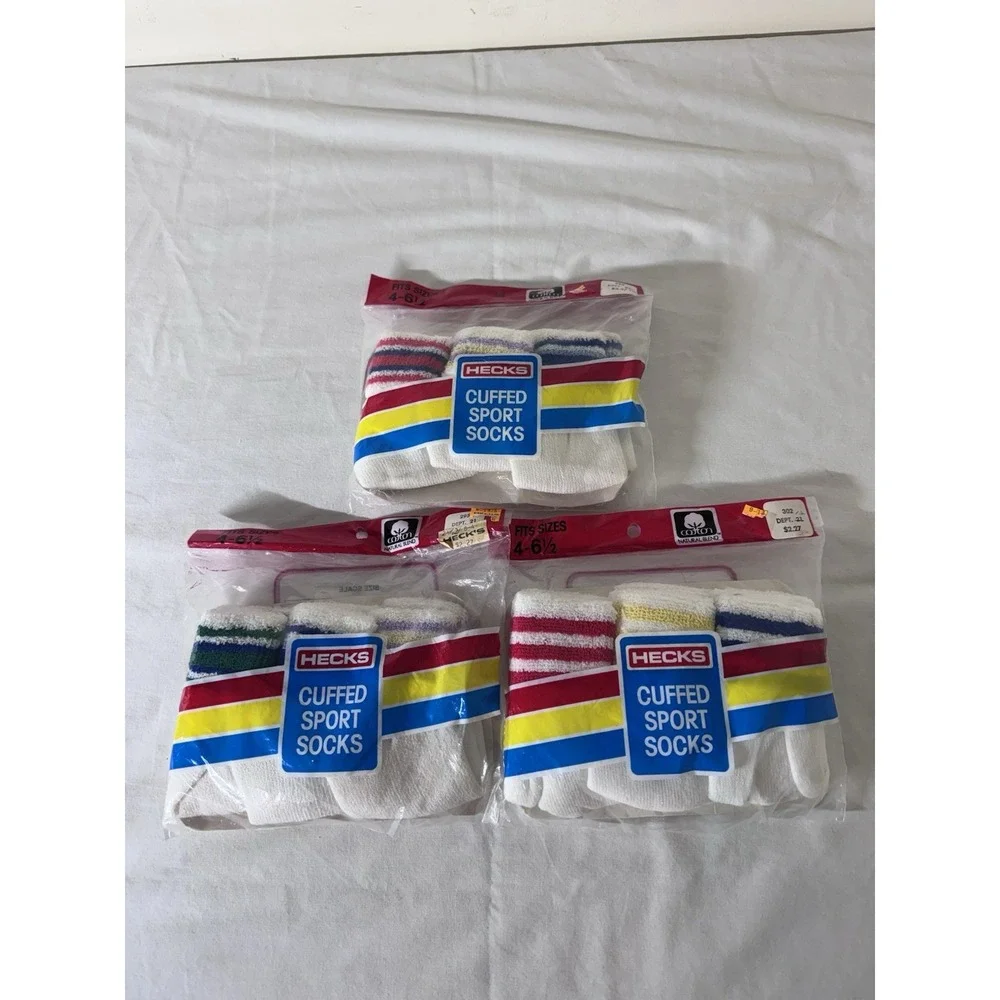 Vintage Hecks Cuffed Sport Socks Kids 4-6.5 Cotton Blend Made In USA Lot of 3